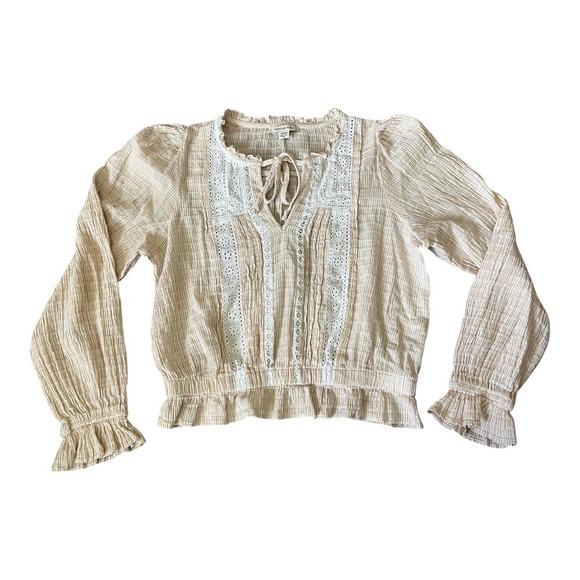 American Eagle Outfitters Tops - American Eagle Eyelet Tan Striped Tie Neck Long Sleeve Lace Blouse Size M